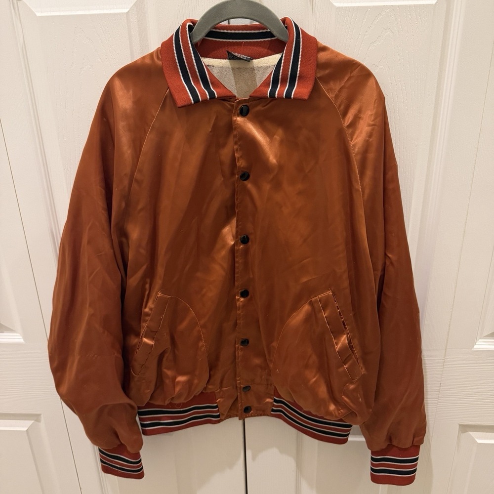 Aristo Jac Hilton Satin Bomber Jacket Large Men Orange Chalk Line Vtg